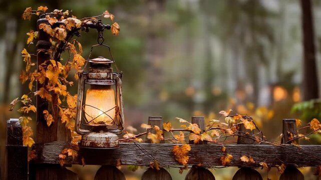 Aesthetic footage of an antique lantern and autumnal foliage in a misty outdoor setting