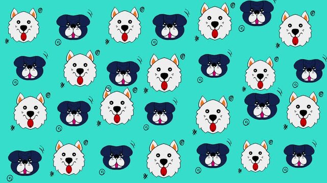 Pattern dog faces repeat in a cute cartoon style across a light blue background.