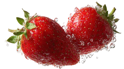 Strawberries isolated. Two ripe strawberries, half a strawberry with green leaves on a white background.