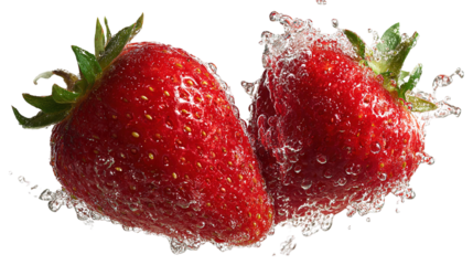 Strawberries isolated. Two ripe strawberries, half a strawberry with green leaves on a white background.