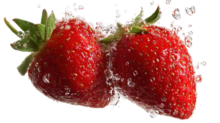 Strawberries isolated. Two ripe strawberries, half a strawberry with green leaves on a white background.