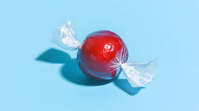 Brightly colored round confection encased in clear wrapper rests upon a solid blue surface