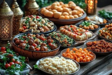 Obraz premium A festive table spread with a variety of colorful Middle Eastern dishes including rice, meatballs, fresh salads, flatbread topped with vegetables, and round pastries, illuminated by ornate lanterns