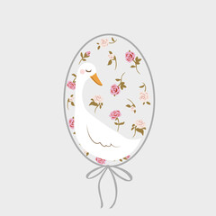 vector, illustration of duck with rose, rosebud in oval frame with bow