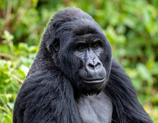 Obraz premium A close-up portrait of a mature gorilla, showcasing its dark fur and expressive face, with a soft green background