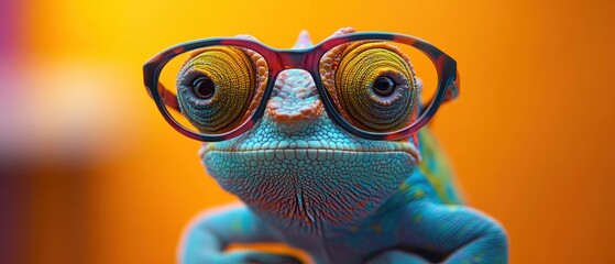 close-up of a blue and yellow chameleon wearing eyeglasses with large detailed eyes expressing curiosity against an orange background