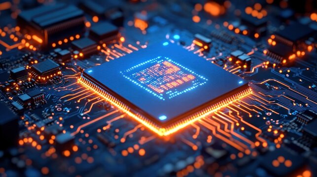 Close-up view of a glowing computer microchip on a circuit board with illuminated electronic pathways and intricate components conveying high technology and digital connectivity