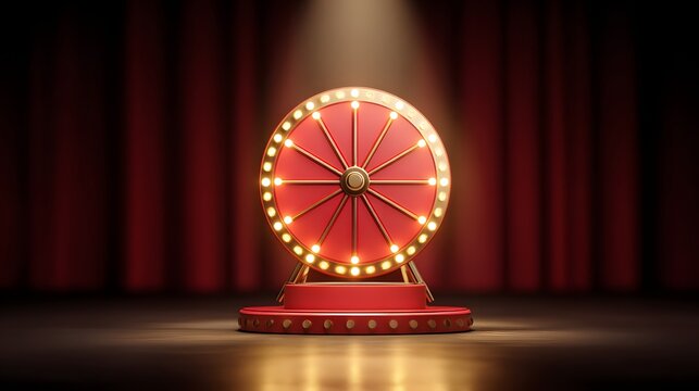 Illumination highlights a spinning opportunity wheel mounted on a circular platform before dark drapery