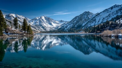 Majestic snowcapped mountain range perfectly reflects upon the calm, clear alpine lake surface
