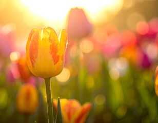 A close-up of a vibrant yellow tulip bathed in warm sunlight