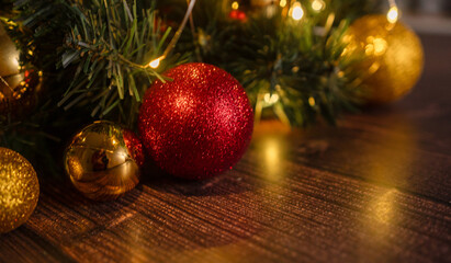 Christmas Decoration Over Wooden Background. Decorations over Wood, Copy-space