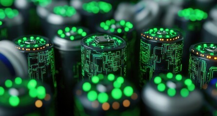 Close-up of cylindrical electronic components with glowing green and orange circuit patterns emitting futuristic and technological vibe