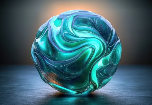 Glossy swirling orb with vibrant teal, blue, and green fluid patterns glowing softly against a dark reflective surface and warm gradient background