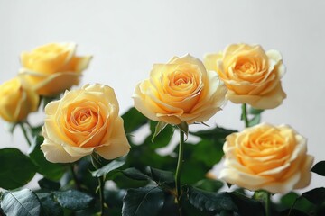 Obraz premium Close-up of a bouquet of soft yellow roses in full bloom with lush green leaves and stems against a neutral light background, evoking calm and delicate beauty