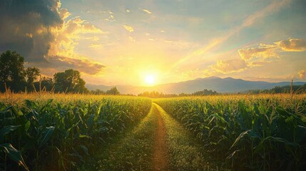 Golden sunset over a lush cornfield with a dirt path leading through tall green crops towards distant mountains under a partly cloudy sky