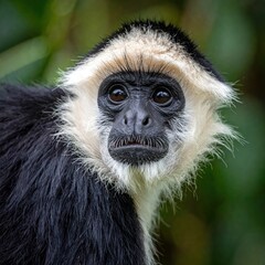 A close-up portrait of a black and white monkey