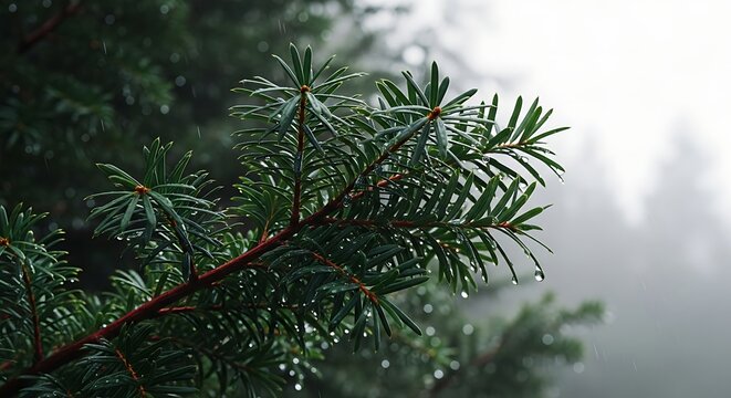 Close-up of a dark green pine branch with raindrops clinging to needles in a misty forest setting water droplets
