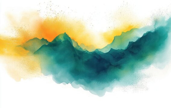 Abstract watercolor painting of a mountain range with blue and orange hues creating a serene and dreamy atmosphere