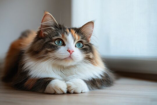 Fluffy calico cat with blue eyes lying on wooden floor near window looking curious and calm