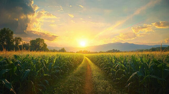 Golden sunset over a lush cornfield with a dirt path leading through tall green crops towards distant mountains under a partly cloudy sky - Powered by Adobe