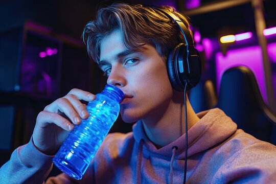 Young man wearing headphones drinks water from blue plastic bottle in a dimly lit room with purple and yellow ambient lighting