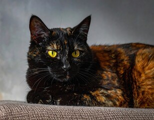 A close-up shot of a relaxed, tortoiseshell cat resting indoors