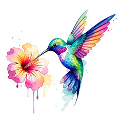 Obraz premium Watercolor hummingbird sipping nectar from bright flower, artistic tropical bird design on white background