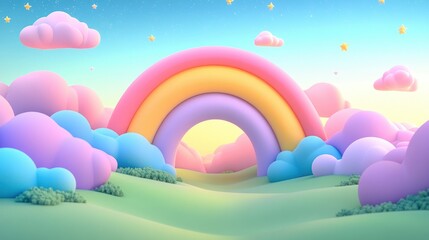 colorful cartoon landscape with large rainbow arch, pastel-colored rounded clouds, green rolling hills under a starry sky at sunrise or sunset