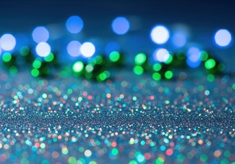 Shimmering blue glitter surface with dynamic cool toned bokeh lights backdrop