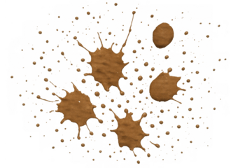 Mud splashes with messy dirt drops and brown liquid creating a wet stain pattern. Transparent background