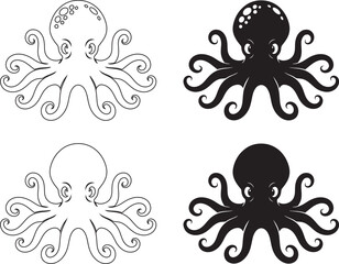 Two black-filled and two black-line art vector octopuses with swirling tentacles, representing cephalopod marine life, isolated on a white background.