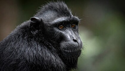 Close Up Portrait of a Rare Black Celebes Crested Macaque Monkey in Lush Green Habitat