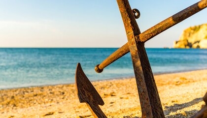 A close-up reveals a weathered, rusty metal device on a beach, framed by a calm ocean and a distant rocky outcrop under a sunny sky