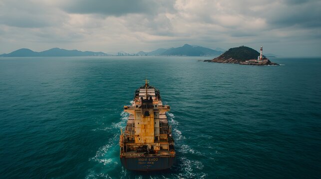 Cargo vessel navigates deep blue ocean waters near a small island featuring a navigational tower