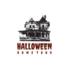 Eerie Halloween home tour featuring a spooky, vintage-style house illustration evokes anticipation