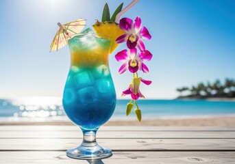 Tropical blue lagoon cocktail with orchid garnish and pineapple slice on the beach