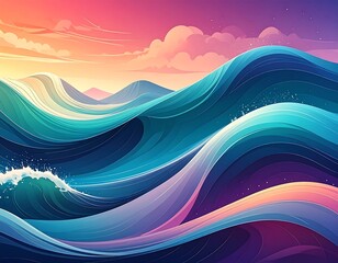 Abstract illustration of ocean waves under a vibrant sunset sky background design