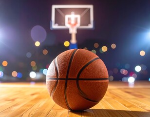 A close-up of a basketball on a wooden court with a lit hoop in the background during a night game