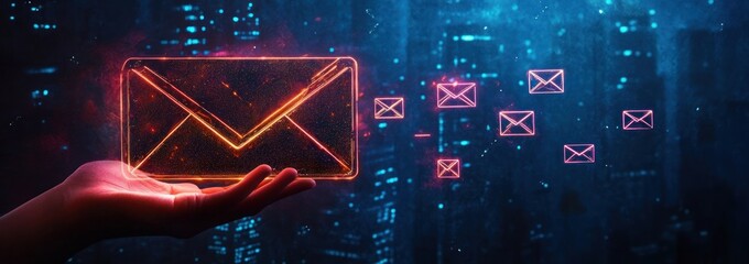 Hand holding a large glowing digital envelope icon with multiple smaller glowing envelopes floating forward against a dark cityscape background, symbolizing digital communication