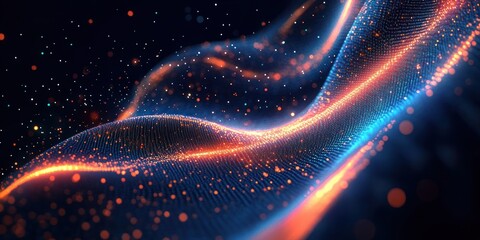 Abstract flowing digital wave composed of glowing blue and orange particles with a smooth, dynamic, and futuristic appearance on a dark background