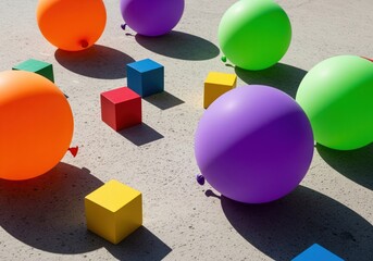 Neon balloons and primary colored cubes scattered on concrete floor