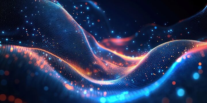 Abstract flowing wave pattern formed by glowing blue and orange particles and lines against a dark background, evoking a sense of digital energy and motion