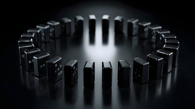 Array of polished black game pieces stands upright in a complete circle on a reflective dark surface. - Powered by Adobe