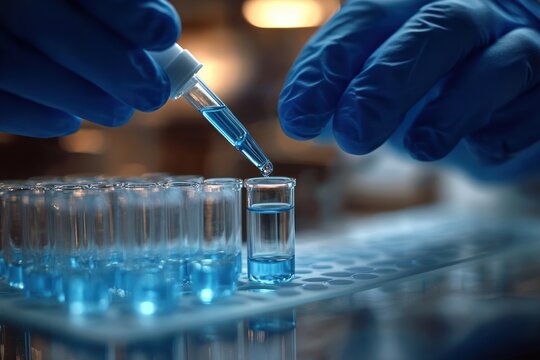 Close-up of gloved hands dropping blue liquid into a row of transparent test tubes on a lab tray, evoking precision and scientific research