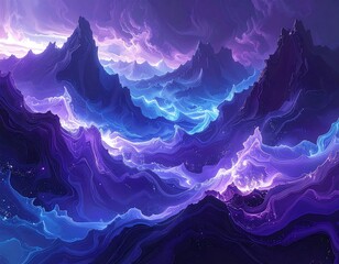Abstract Landscape of Mountains with Glowing Energy and Swirling Nebula Clouds