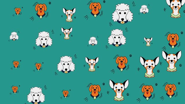 Pattern dog faces in different varieties repeat beautifully on a teal background.