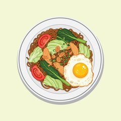 Savory Asian fried noodles topped with a sunny side up egg and fresh vegetables.