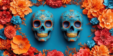 Two vibrant blue skulls decorated with intricate floral patterns surrounded by a frame of bright orange, red, and blue paper flowers on a blue background