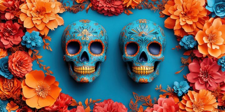 Two vibrant blue skulls decorated with intricate floral patterns surrounded by a frame of bright orange, red, and blue paper flowers on a blue background