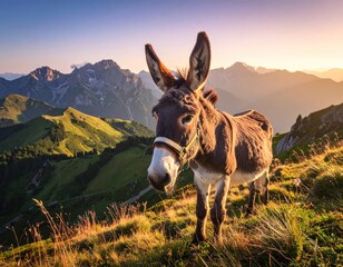A curious donkey stands proudly on a sunlit mountain ridge